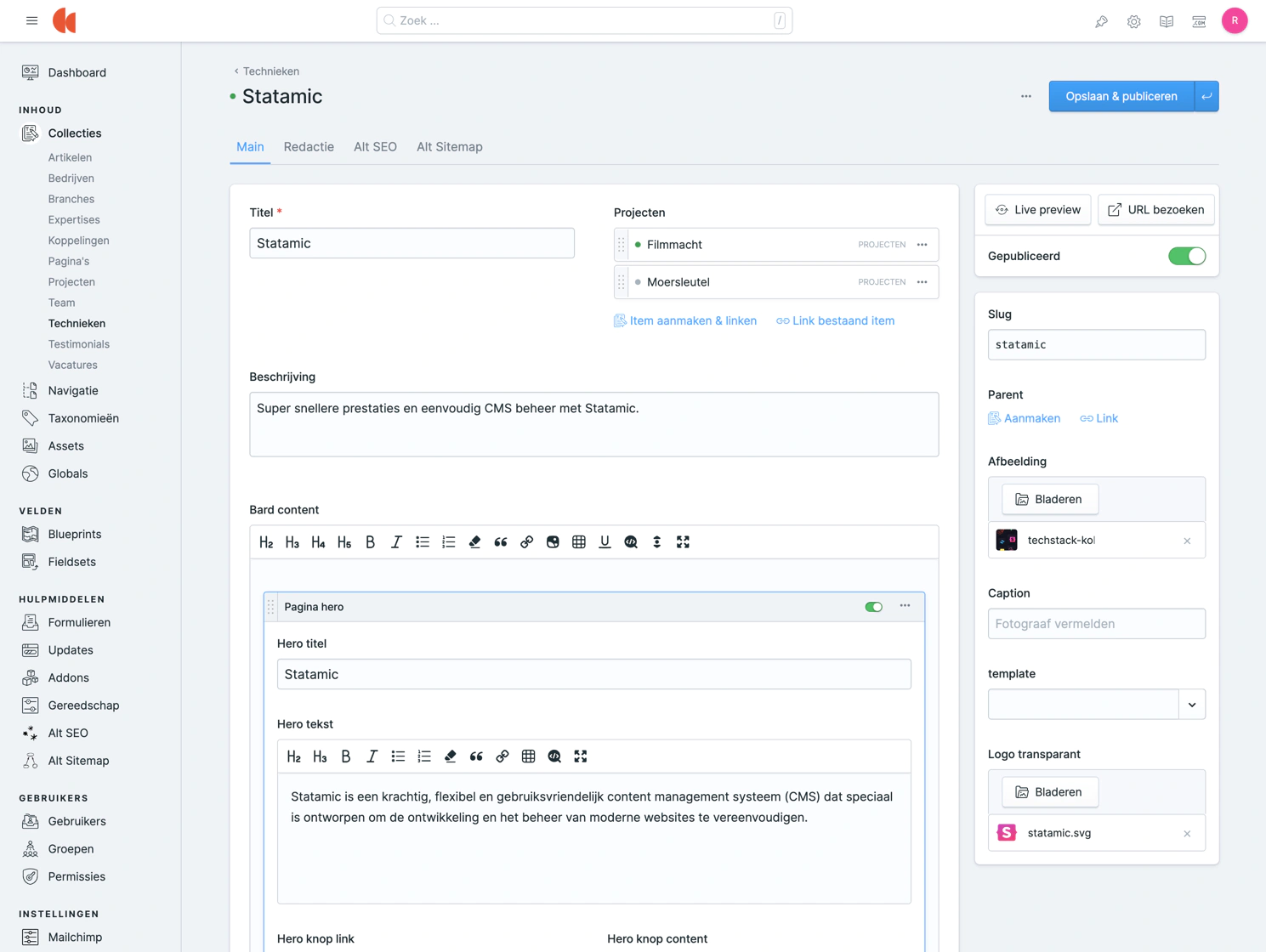 Voorbeeld van het Statamic CMS controle paneel