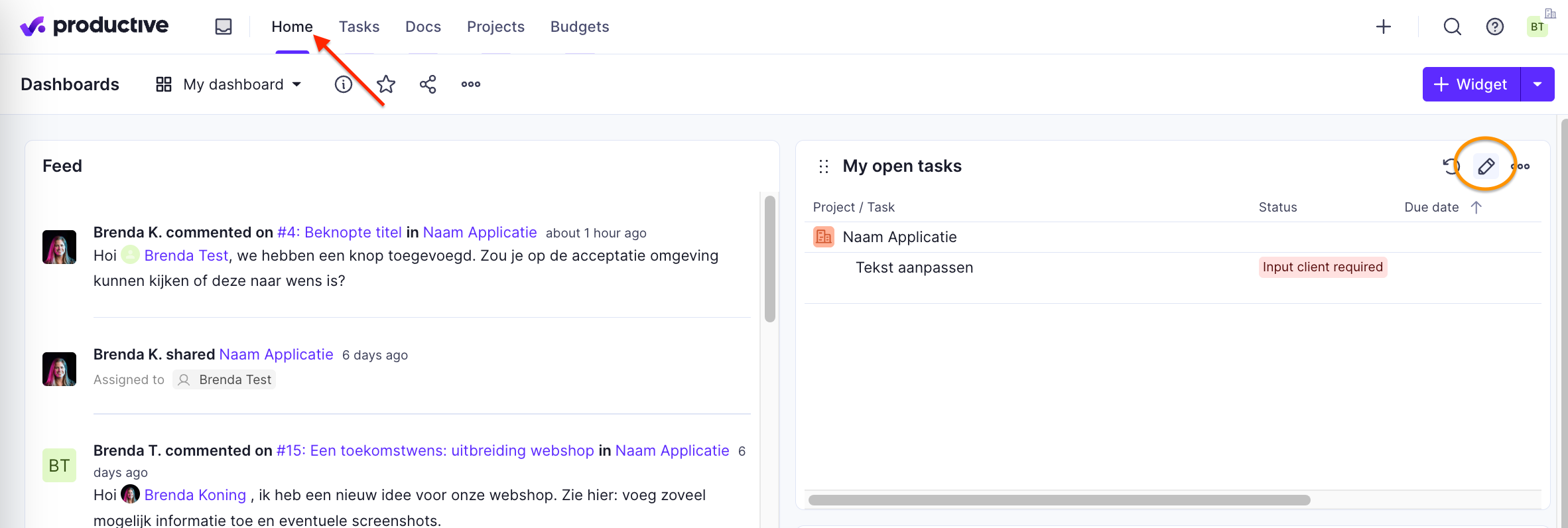 Productive: dashboard bijwerken