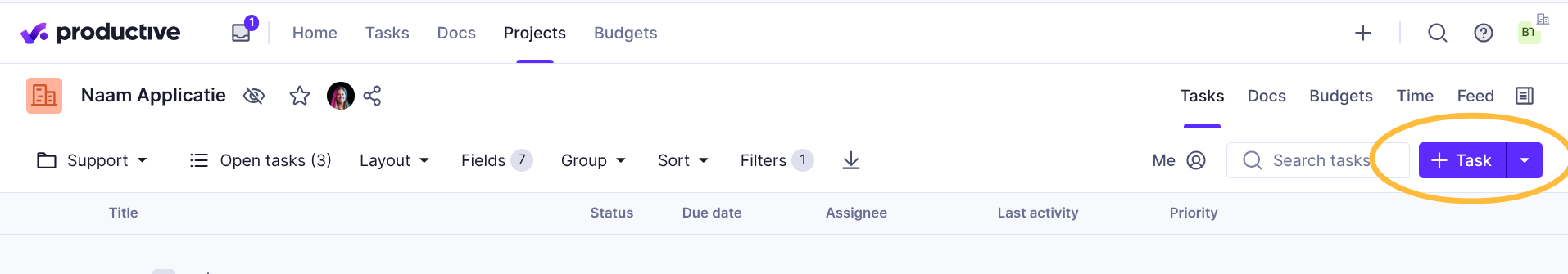 Productive: Sneltoets task aanmaken