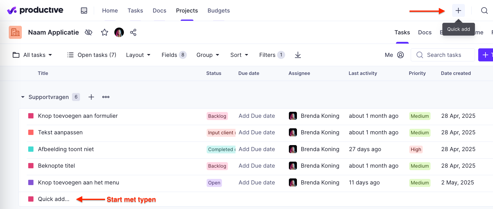 Productive: Quick add op twee manieren