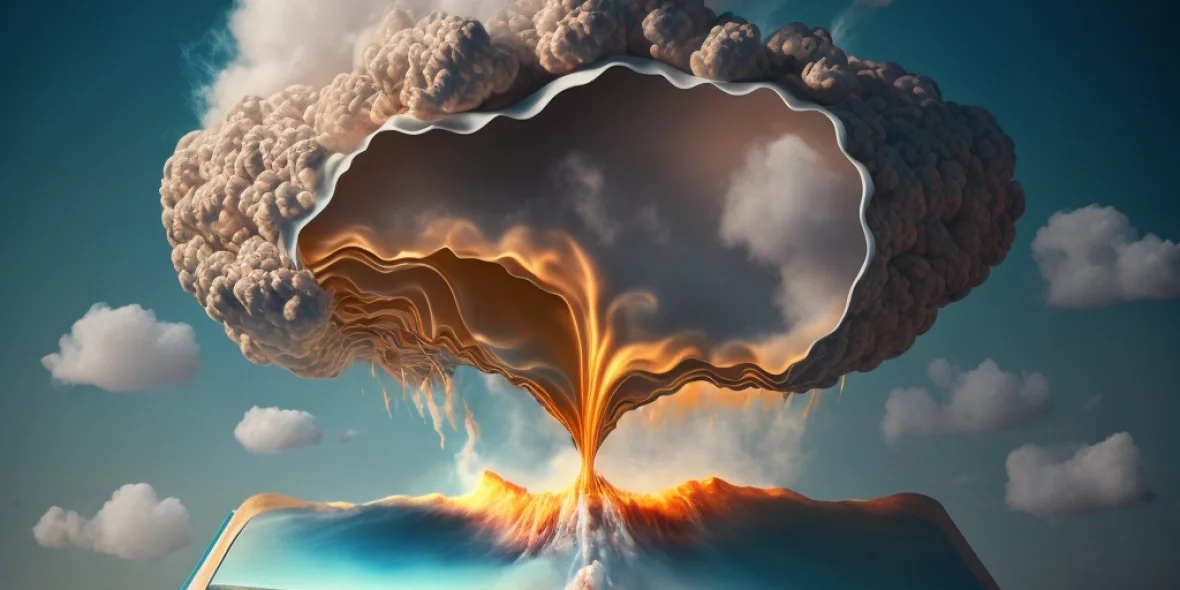 AI gegenereerde afbeelding van een boek met een landschap erin. Er is een atoombom ontploft, de rookwolk is zichtbaar