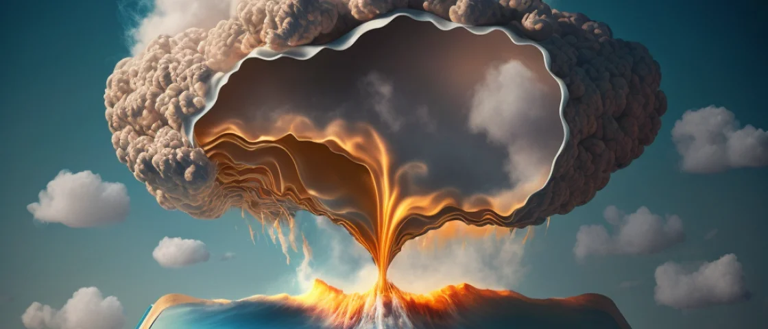 AI gegenereerde afbeelding van een boek met een landschap erin. Er is een atoombom ontploft, de rookwolk is zichtbaar