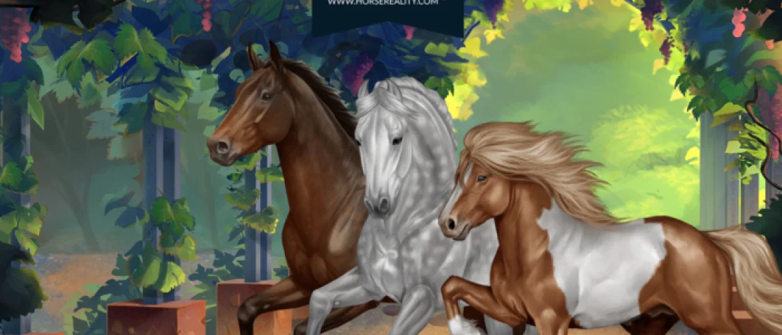 Afbeelding van de Horse Realty game met een fantasie achtergrond en drie paarden op de voorgrond
