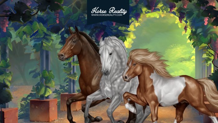 Afbeelding van de Horse Realty game met een fantasie achtergrond en drie paarden op de voorgrond