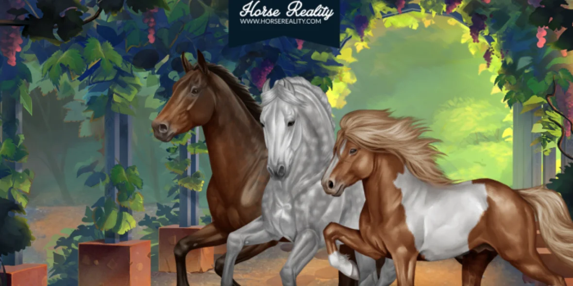 Afbeelding van de Horse Realty game met een fantasie achtergrond en drie paarden op de voorgrond