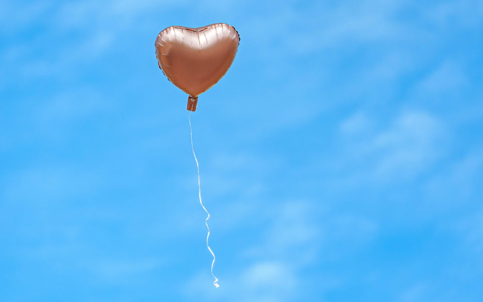 Roségouden hartvormige ballon zweeft omhoog in een blauwe lucht tijdens de herdenking van Tenley Boersma op Softball Against Cancer