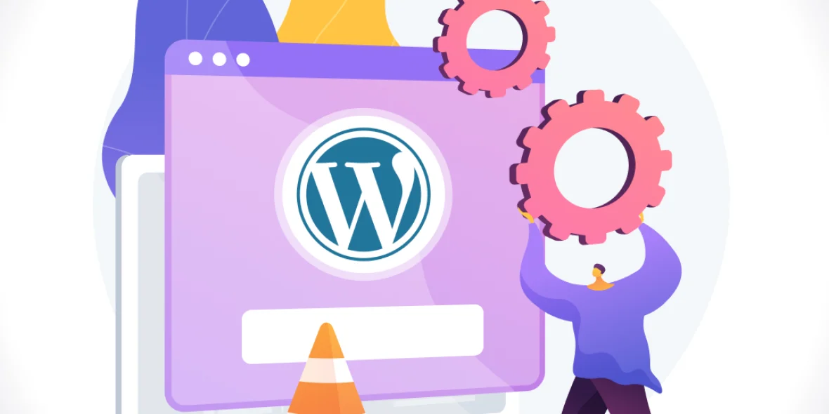 Illustratie van een man met een tandwiel vast en een webpagina met WordPress erachter
