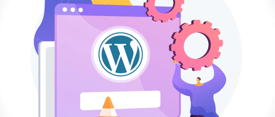 Illustratie van een man met een tandwiel vast en een webpagina met WordPress erachter