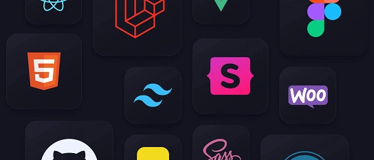 De techstack van Kobalt, de volgende logo's zijn te zien: React, Laravel, Vue, Figma, HTML, Tailwind, Statamic, WooCommerce, Github, JavaScript, Sass en WordPress.