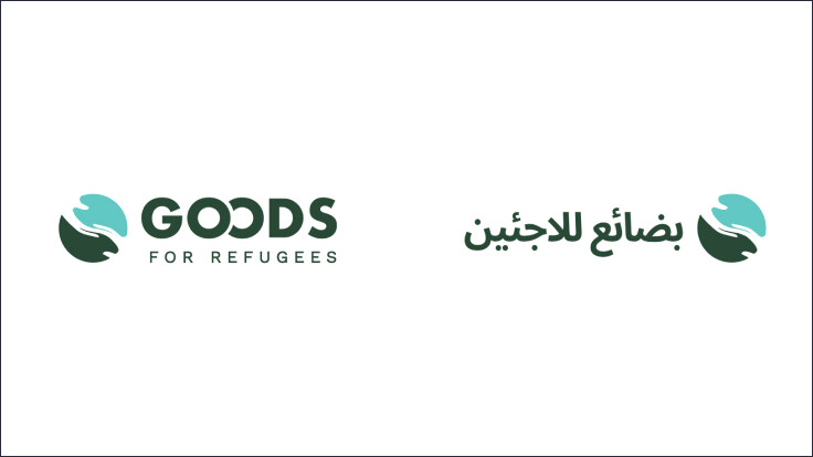 Logo's van Goods for Refugees, één in het Engels en één in het Arabischd