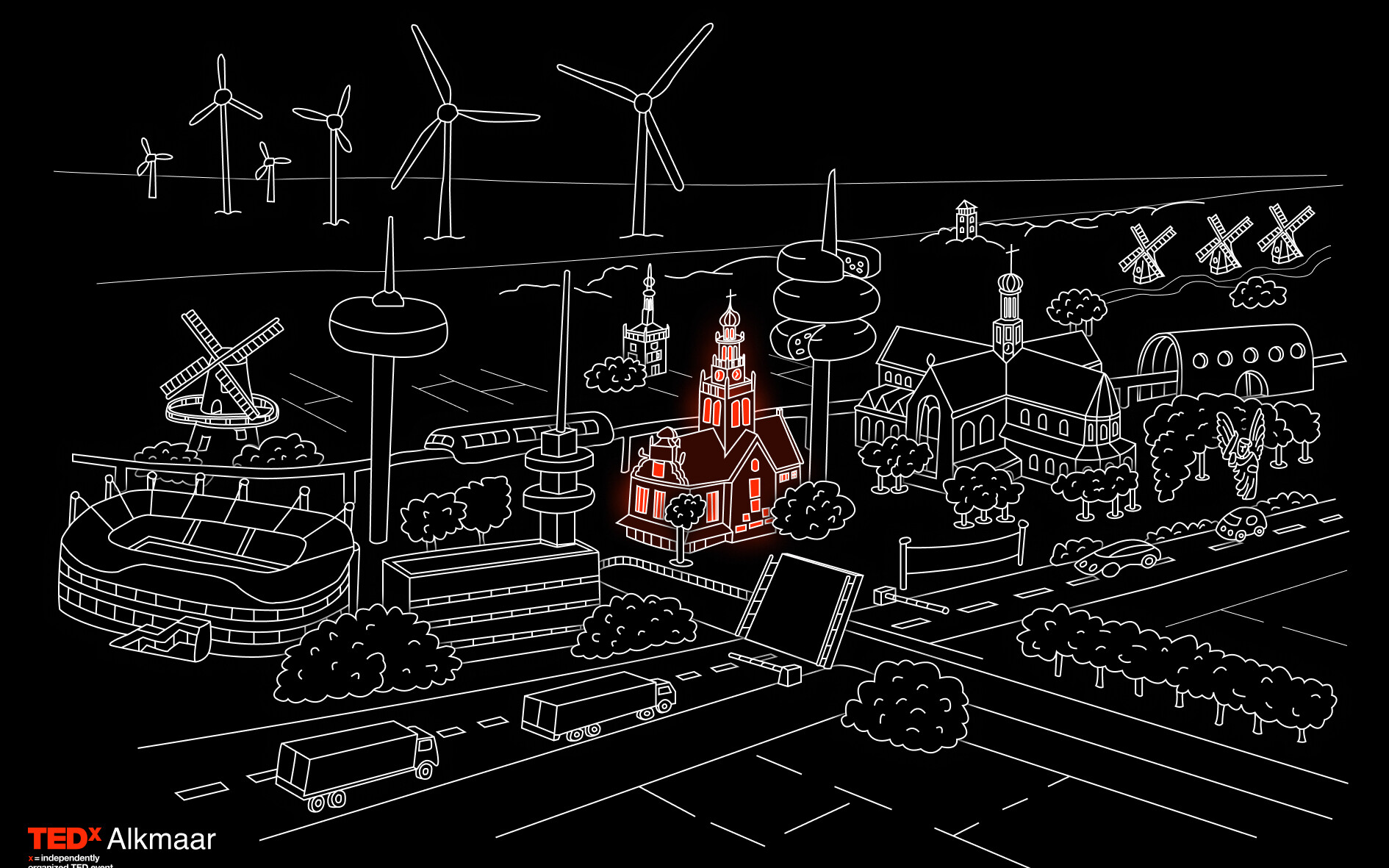 Illustratie van de stad Alkmaar met haar kenmerkende gebouwen en bezienswaardigheden. De grote kerk in alkmaar uitgelicht. In opdracht voor TEDxTalks in Alkmaar.