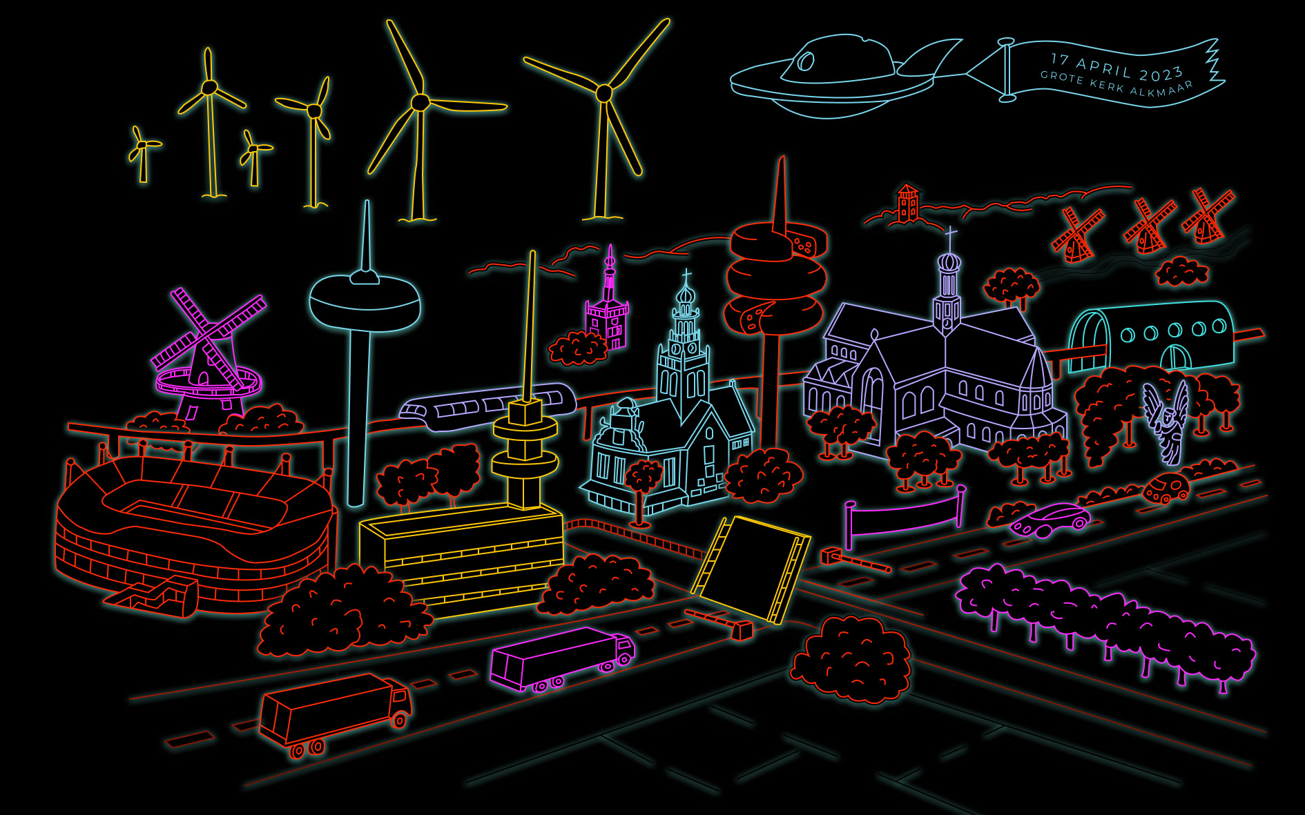 Illustratie van de stad Alkmaar met haar kenmerkende gebouwen en bezienswaardigheden. Ontworpen voor het evenement TEDxTalks in Alkmaar